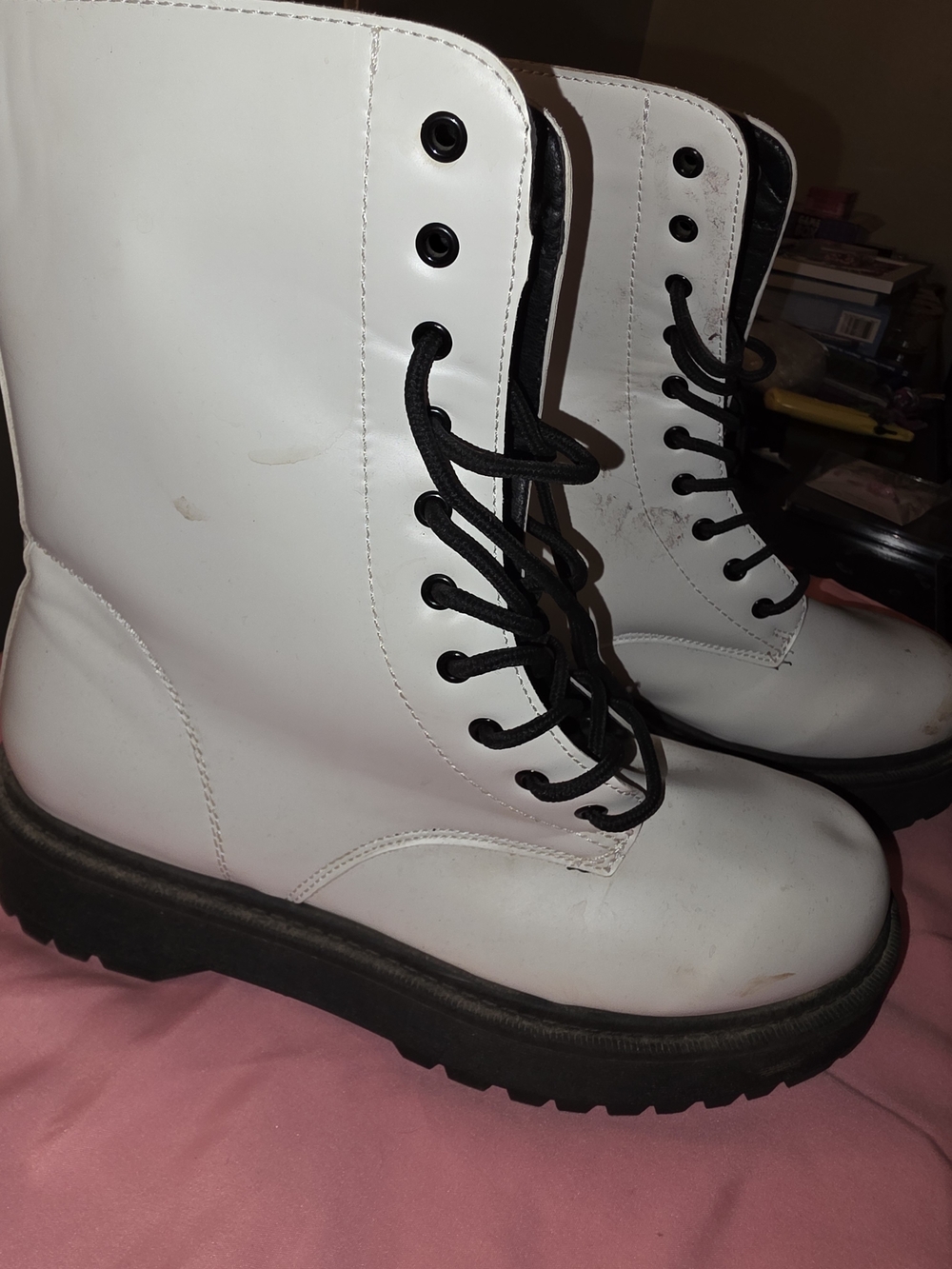 White Lace-Up Platform Combat Boots for Women